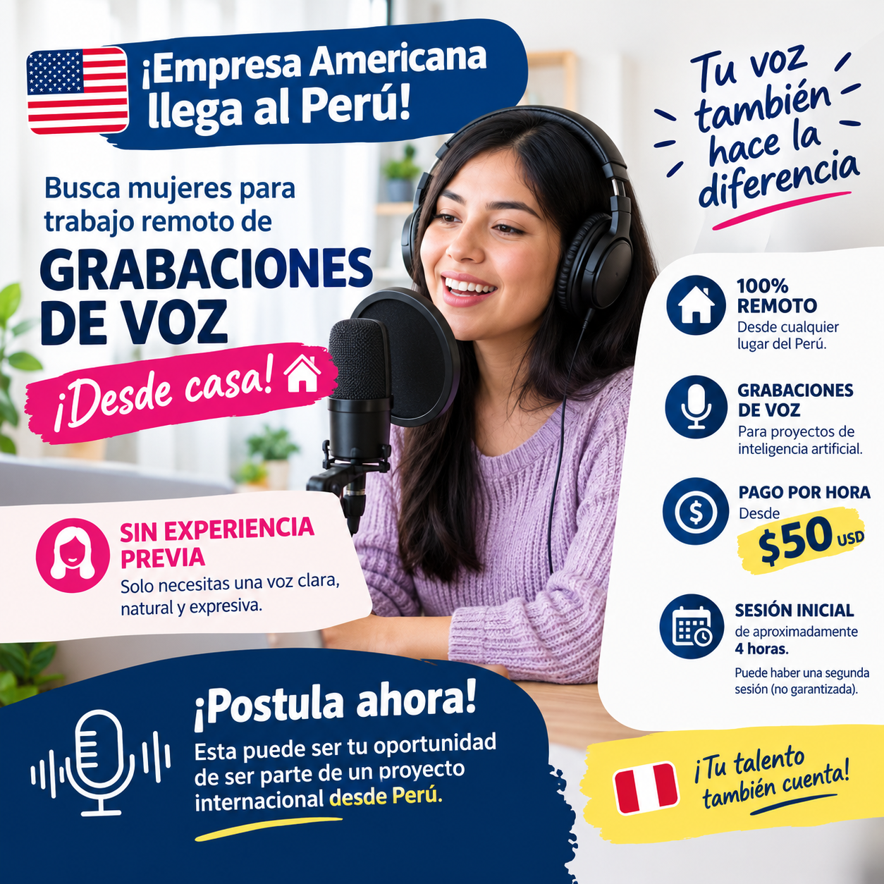 Buscamos mujeres para trabajo remoto grabando su voz – No se requiere experiencia